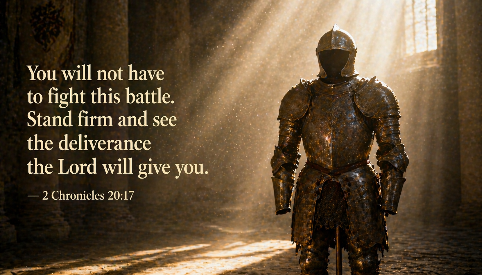 2 Chronicles 20:17 wallpaper empty suit of armor in shaft of light - Stand firm see deliverance